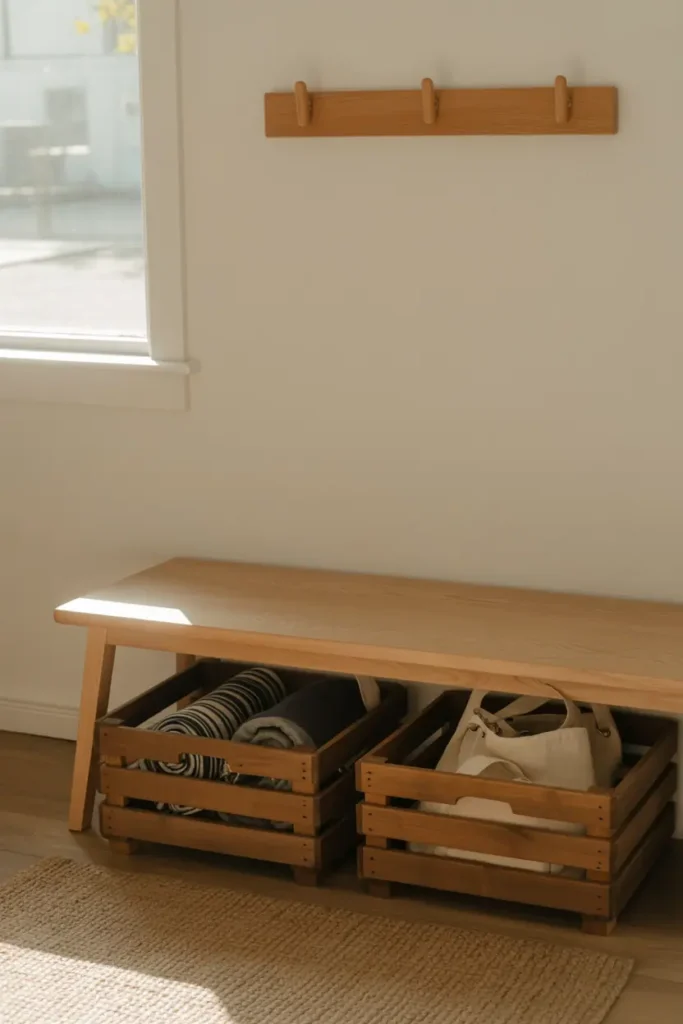 A straight-on shot of a simple wooden bench in an entryway with two rustic crates tucked underneath. The crates hold rolled scarves and canvas bags visible through the slats. The bench has clean lines in light oak. A jute rug sits below, and three simple wooden hooks are mounted on the wall above. Morning light from a nearby window creates soft shadows. Warm, minimal, and practical composition.
