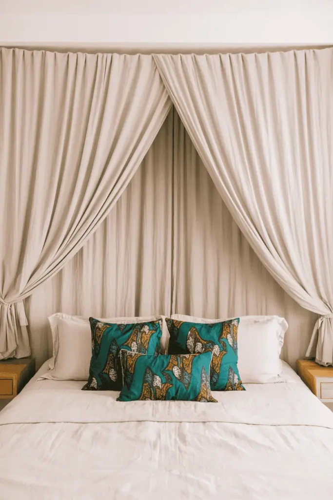 Bed with simple cream linen canopy draped from single point above, white linen bedding, jewel-tone African wax print pillows in emerald, sapphire, and gold. Light oak nightstands, soft and approachable aesthetic. Bright natural light, romantic but not formal feeling, editorial interior photography style with soft focus on canopy draping.