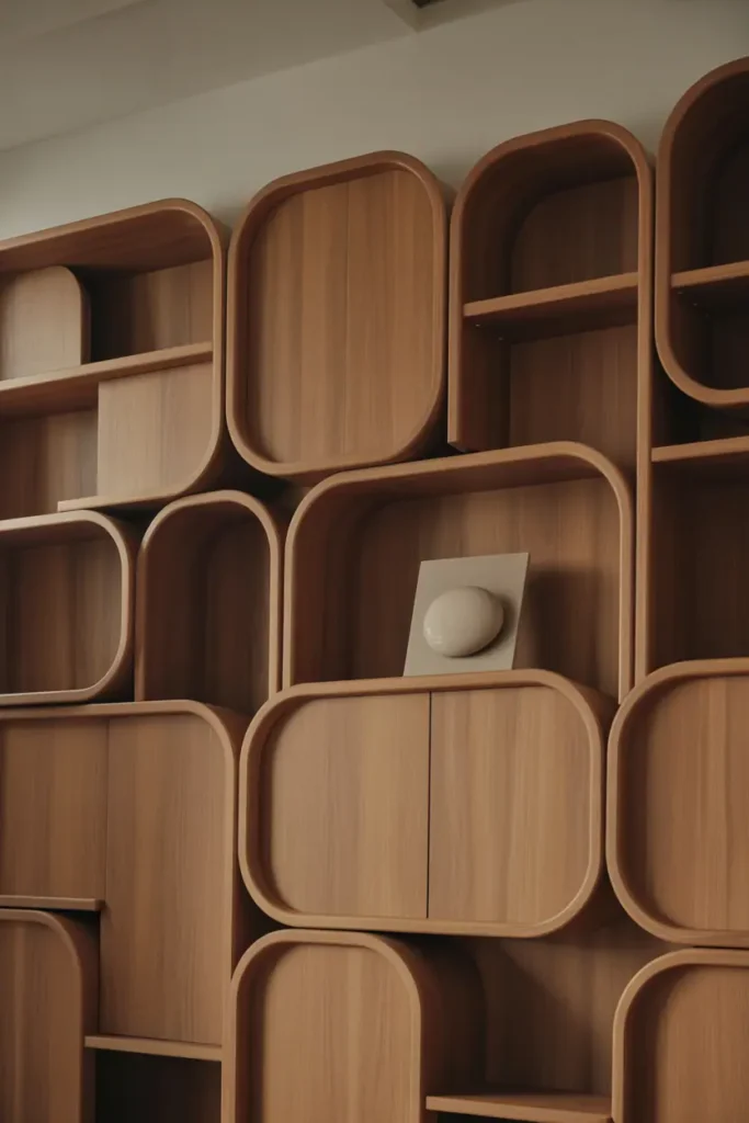 Interior scene highlighting repetition of rounded wood forms, curved furniture silhouettes creating visual rhythm, cohesive modern design, warm wood grain, neutral tones, architectural balance, soft shadows, editorial photography style, realistic, no people, no text, no logos