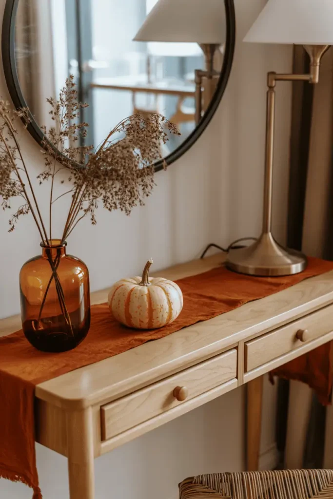 Light birch console table styled for fall season with small decorative pumpkin, amber glass vase with dried grasses, rust-colored table runner, brass lamp. Mirror above. Seasonal autumn styling, warm cozy atmosphere. Natural window light, editorial interior photography, changeable decor concept, inviting entryway for October-November.