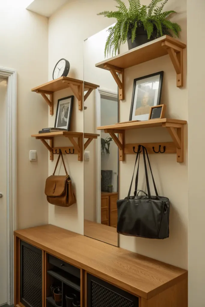 Medium-width hallway with slim 10-inch deep oak console against wall. Three matching oak wall-mounted shelves above holding framed photos, clock, potted fern. Hooks below for bags. Large mirror on opposite wall. Vertical space maximization. Natural light, functional aesthetic, interior design photography.