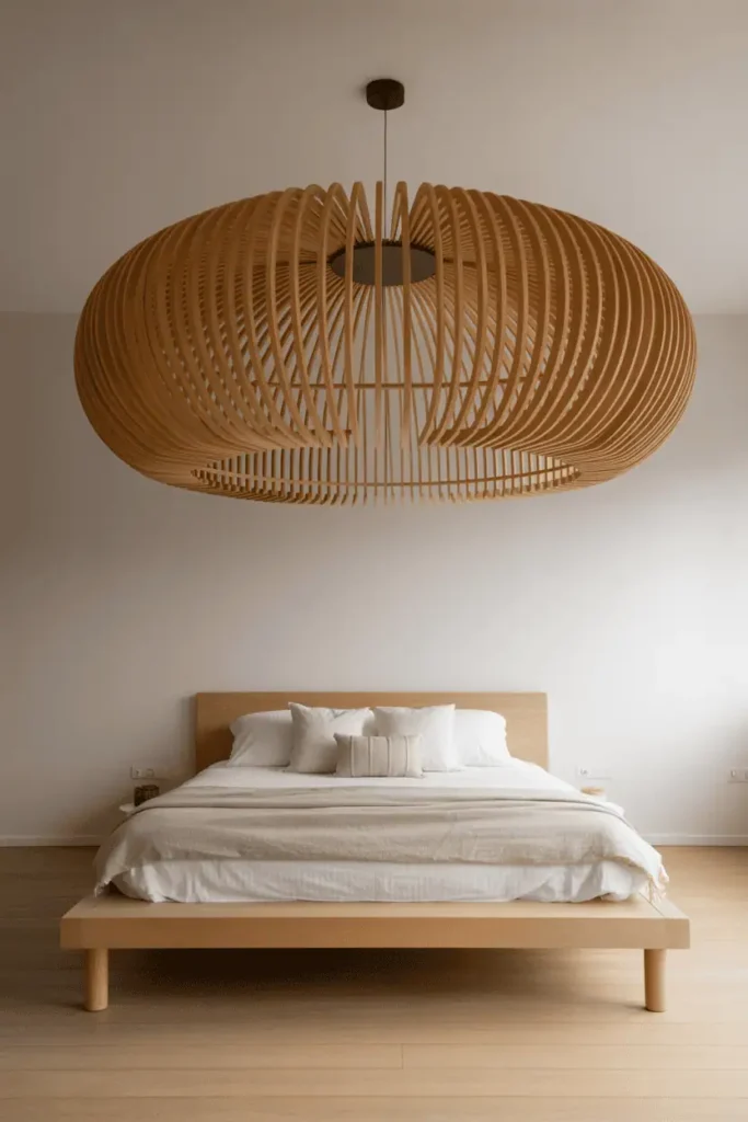 Minimalist Scandinavian bedroom with oversized sculptural woven rattan pendant light as focal point, simple light ash platform bed, white and cream textiles, bare pale oak floor. The large pendant light dominates the composition, everything else minimal and supporting. Natural diffused light, dramatic scale contrast, sculptural lighting element. Professional interior photography emphasizing light fixture as statement piece.