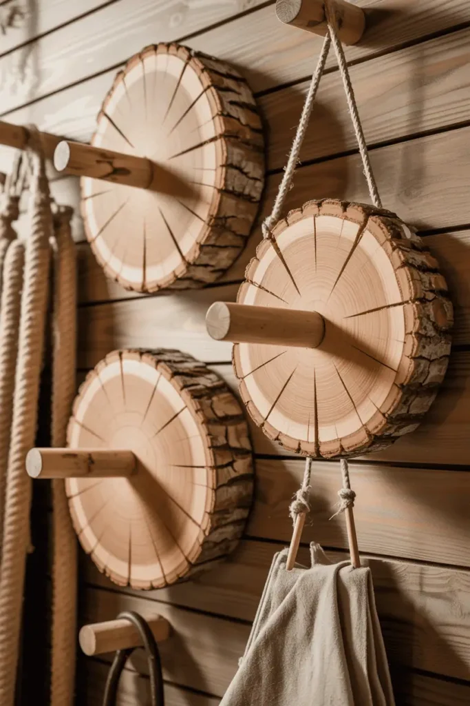 Three cross-section log slices with bark intact mounted in a loose horizontal arrangement on a wood plank wall. Each slice shows natural tree rings and has wooden pegs inserted through drilled holes. Rustic items hang including rope, canvas, and leather. Warm cabin lighting, organic and handmade aesthetic with strong texture.