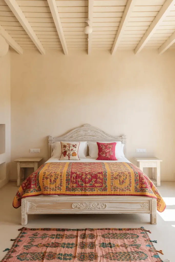 Bright Indian bedroom with all wood elements whitewashed or naturally pale—bed frame, side tables, ceiling beams. Soft cream walls. Vibrant color from textiles: Rajasthani quilt in bright colors, embroidered cushions in pink and orange, hand-blocked dhurrie with geometric patterns. Textiles provide Indian aesthetic. Light, flexible, colorful. Natural bright light.