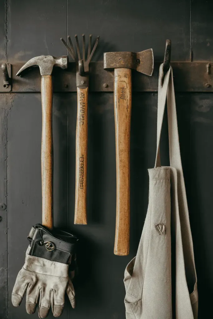 Four vintage wooden tool handles - hammer, rake, and axe handles - mounted horizontally as hooks on a dark industrial workshop wall. The handles show worn patina and character. Work gloves and canvas apron hang from two handles. Moody warehouse lighting, utilitarian and salvaged aesthetic with authentic age and texture.