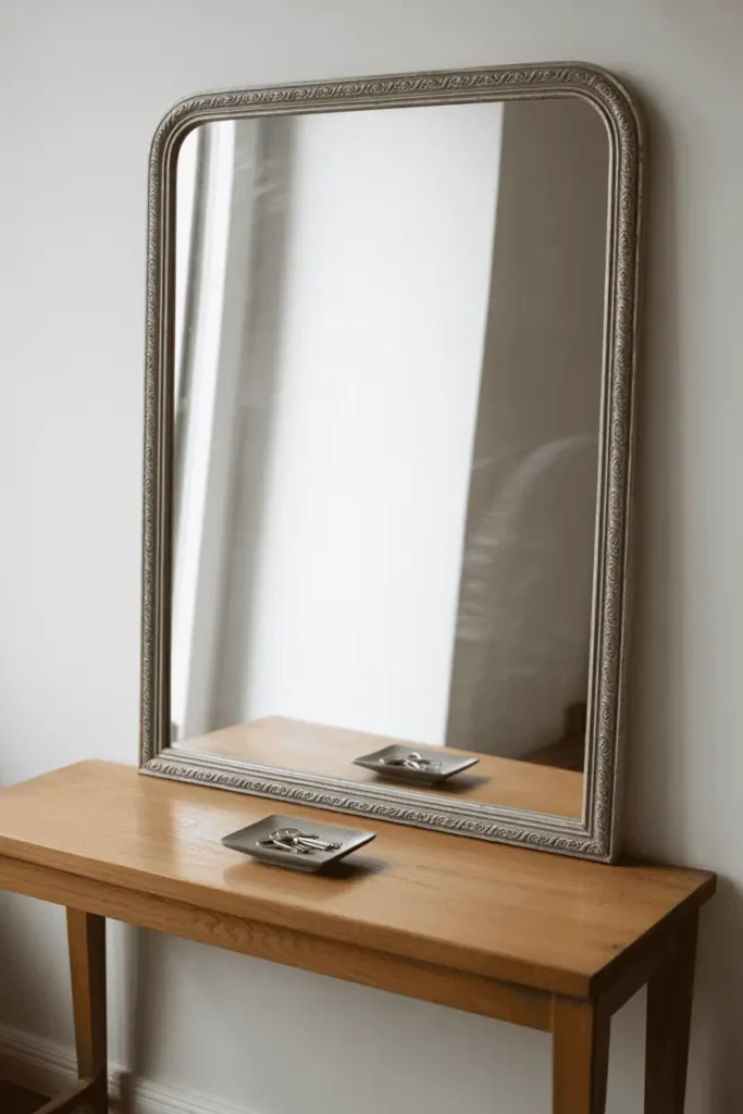 Medium oak console table with completely minimal surface, small ceramic dish for keys only. Oversized ornate statement mirror 36-40 inches wide with carved wood frame above. Mirror as focal point dominating composition. White walls, clean minimalist styling. Interior photography, dramatic mirror emphasis, intentional simplicity, elegant restraint.