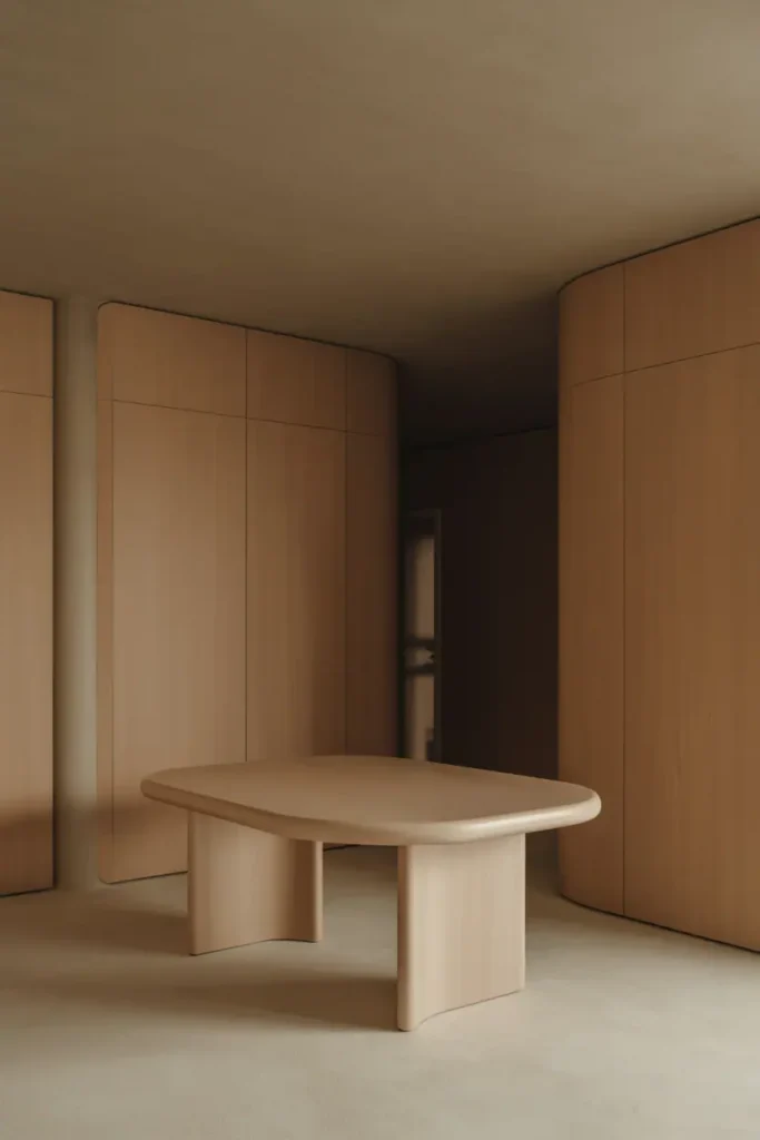 Modern interior with subtle rounded wood furniture, softened edges, gentle curves guiding the space, calm and balanced composition, warm wood textures, soft natural light, minimalist yet inviting atmosphere, editorial interior photography, realistic, no people, no text, no logos