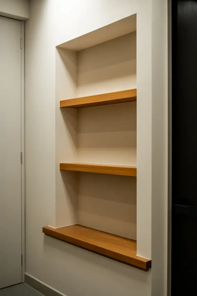 Narrow hallway with built-in recessed wall niche featuring three shallow warm oak shelves 4-6 inches deep, narrow wood ledge below at seating height. Everything within or just proud of wall plane. White walls, architectural storage solution, custom built-in detail. Professional interior photography showing depth and craftsmanship, natural lighting, refined minimalism.