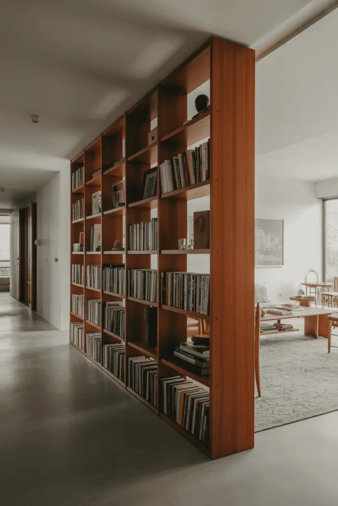 Open-plan home with freestanding double-sided teak bookcase acting as room divider between hallway and living area. Floor-to-ceiling design, books and objects accessible from both sides. Polished concrete floor both sides. Contemporary spatial design. Natural light, architectural photography, editorial quality.