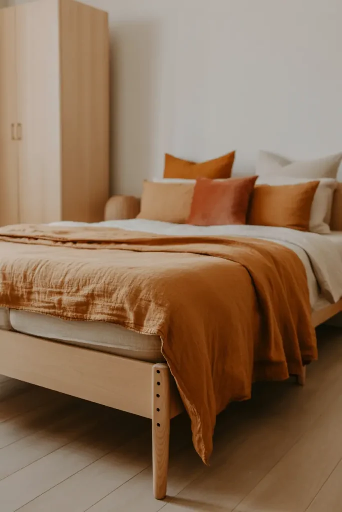 Scandinavian bedroom with light birch furniture and white walls, warm textile accents in rust-colored linen duvet, ochre pillows, burnt orange tones. Pale oak floor, structural elements stay light while textiles provide warmth. Soft natural lighting, earthy muted warm colors, cozy without sacrificing simplicity. Editorial interior photography, warm color grading, inviting Scandinavian aesthetic.