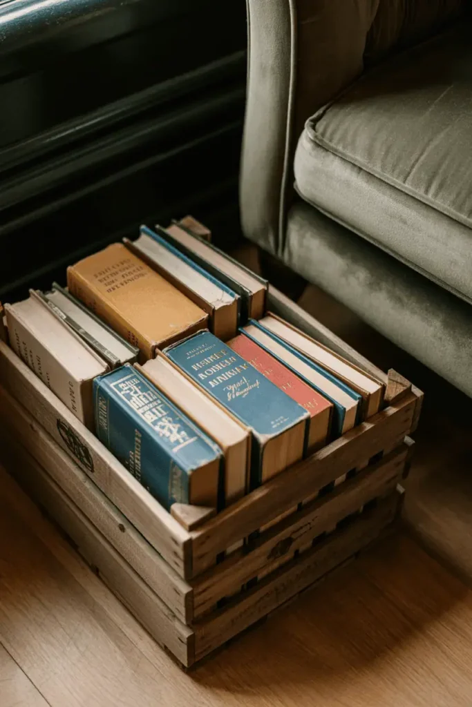 A close-up shot of a single rustic wooden crate on a hardwood floor filled with vintage hardcover books. The book spines show faded colors — tans, blues, muted reds — with worn gold lettering. The crate has natural wood slats and aged patina. The crate sits beside a velvet armchair leg, partially visible. Soft directional light from above highlights the book textures. Intimate, literary, and grounded composition.

