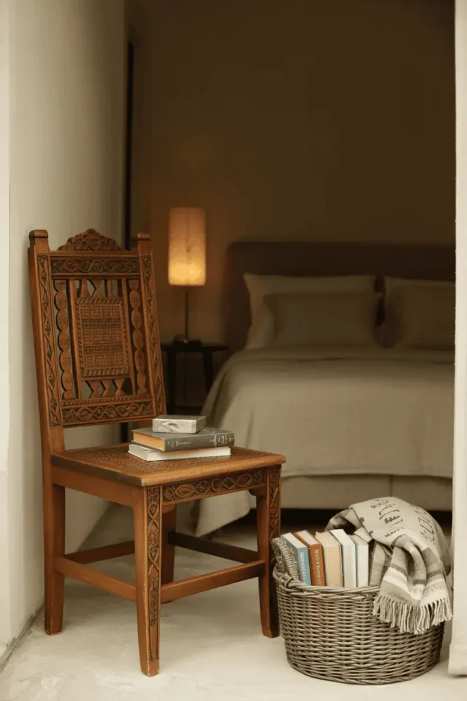 Bedroom corner featuring ornate carved wooden chair with geometric patterns, small side table, floor lamp, woven basket with books and blankets. Simple bed visible in background with neutral bedding. Cozy reading nook as secondary focal point, warm lighting on chair area, editorial interior photography showing functional zones within bedroom.