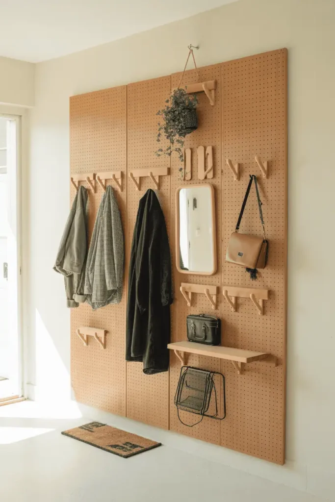 Casual small entryway with wooden pegboard panel 2 feet wide and 4 feet tall mounted on white wall, natural wood finish with wooden pegs holding coats, bags, small mirror, and one hanging plant. Floor has only small doormat, everything organized on wall. Bright natural light, bohemian-casual aesthetic, flexible storage solution. Interior photography, realistic style.