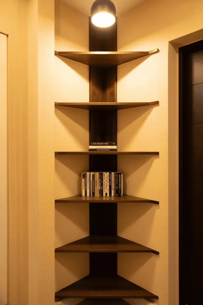 Hallway corner with custom triangular shelving in dark walnut wrapping around 90-degree angle. Five shelves stacked vertically holding books and objects. Warm cream walls, pendant lighting highlighting corner. Architectural solution for awkward space. Warm lighting, intentional design, interior photography.