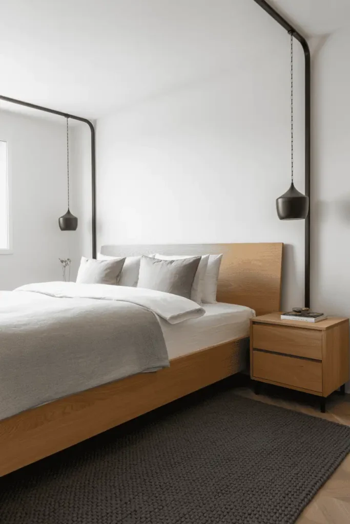 Light Scandinavian bedroom with light oak bed and nightstand, white walls and bedding, strategic black metal accents including pendant lights, iron curtain rod, charcoal gray wool rug. High contrast between light wood and black metal elements. Natural window light, clean lines, black accents providing visual anchor. Professional interior photography, modern Nordic aesthetic, balanced composition.