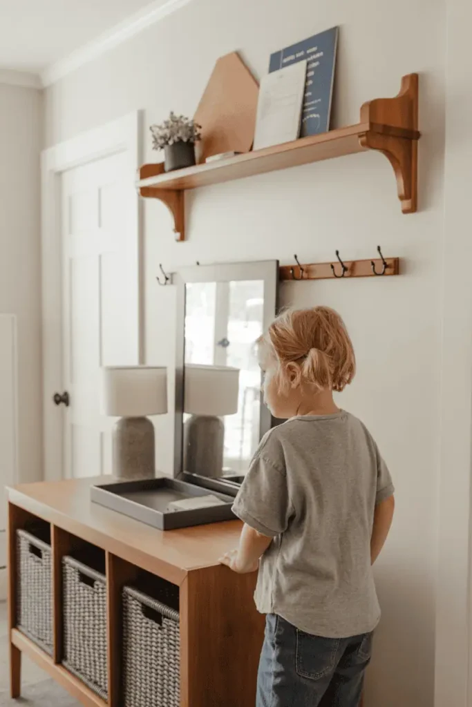 Organized entryway showing wood console table with narrow shelf mounted on wall above at eye level holding mail and small plant. Console surface has lamp and tray. Wall-mounted hooks beside console. Vertical organization system. White walls, functional family entryway design. Interior photography, bright natural light, practical storage solution, clean lines.