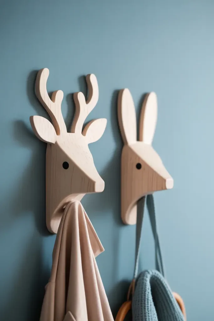 Two stylized wooden animal head hooks - a minimalist deer and rabbit - mounted on a pale blue kids' room wall. The carving is clean and simplified, not overly detailed. Small coats and bags hang from the noses. Soft playful lighting, charming without being cartoonish. Whimsical yet tasteful composition.