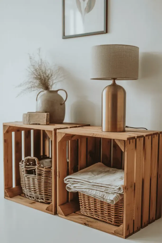 A horizontal view of two rustic wooden crates stacked against a white wall forming a low console. The crates show natural wood patina with visible slats. Inside: woven baskets and folded linen throws. On top: a brass table lamp with linen shade and a ceramic vase with dried grasses. A simple framed botanical print hangs above. Soft, diffused natural light creates a calm, collected aesthetic. Editorial interior photography style.
