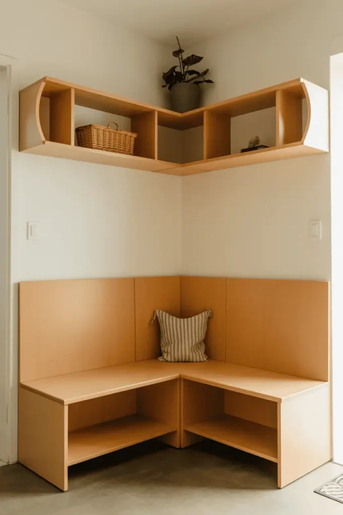Compact foyer with corner bench in light birch wood fitting into 90-degree wall angle, lift-up storage inside bench. L-shaped floating shelf wraps corner at shoulder height holding small basket and potted plant. Center of entryway remains open. Natural light, smart corner utilization, functional small space design. Interior photography showing 4x4 foot space efficiency.