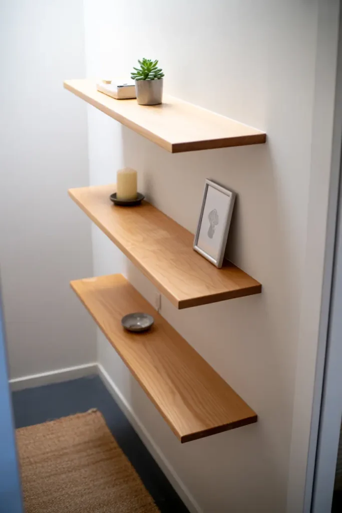 Extremely narrow hallway approximately 3 feet wide. Three thin floating shelves in light ash wood staggered at different heights along white wall. Each shelf 6 inches deep holding small succulent, candle, single framed print. Natural fiber runner rug on floor. Minimal, space-conscious design. Soft natural light, clean aesthetic.