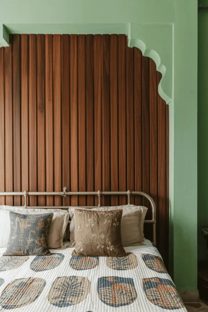 Indian bedroom with dark walnut tongue-and-groove wood paneling covering wall behind bed. Remaining walls painted soft sage green. Simple metal bed frame, block-printed quilts, embroidered cushions, vintage kantha throw. Contrast between warm wood and cool paint. Natural light, textured, layered aesthetic. Interior design photography.