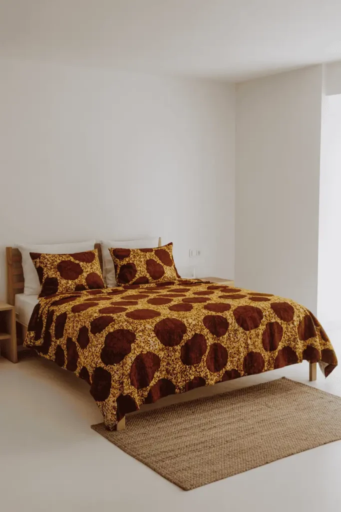 Minimalist bedroom with one large bold African wax print duvet cover as focal point, simple wooden bed frame, white walls, plain jute rug, minimal styling. Clean and restrained aesthetic with single statement textile carrying the room. Bright natural light, editorial interior photography emphasizing simplicity and cultural specificity through one key element.