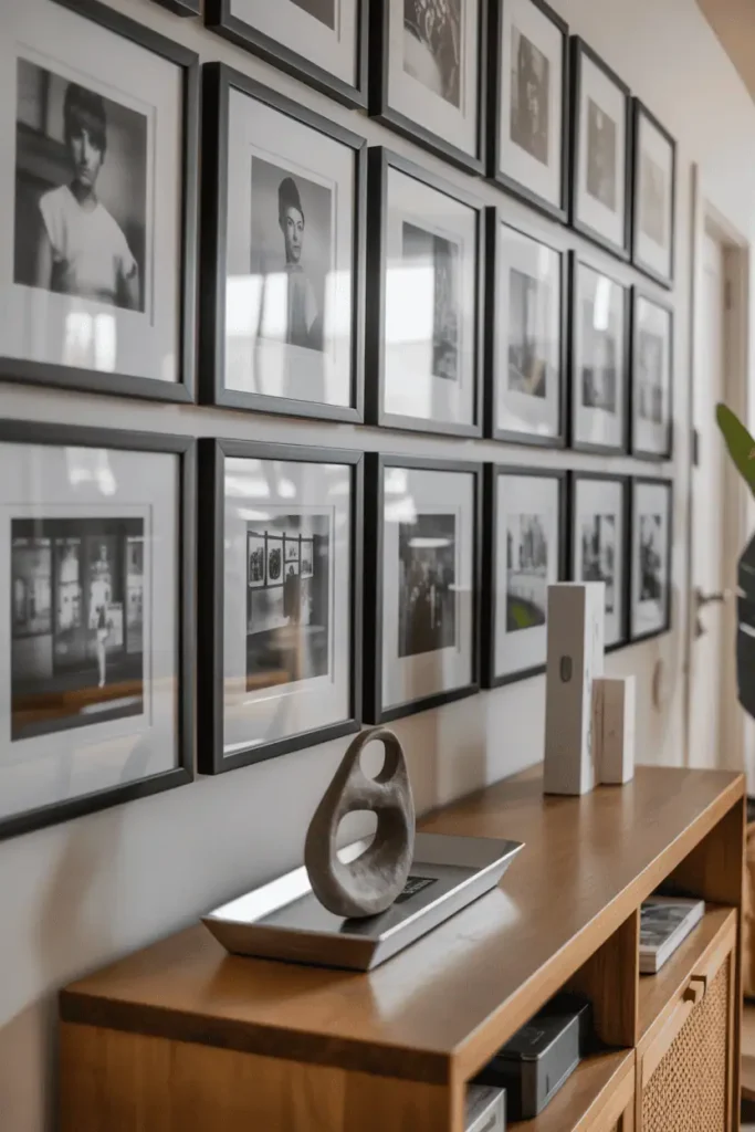 Narrow wooden console 30-36 inches wide positioned below curated gallery wall of black and white photographs in matching frames. Console surface minimal with small sculptural object and low-profile tray. Gallery extends beyond console width. Modern eclectic aesthetic. Interior photography, natural lighting, art-focused entryway, personal photo display.