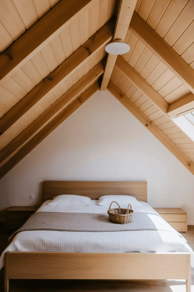 Nordic bedroom with exposed natural pine ceiling rafters and white walls, basic light ash wood bed frame, white bedding with single gray blanket, one woven basket. Architectural focus on ceiling beams, very simple furniture below. Natural overhead and window lighting casting shadows from rafters. Interior photography showing vertical space, A-frame or loft aesthetic, rustic-meets-minimal Scandinavian style.