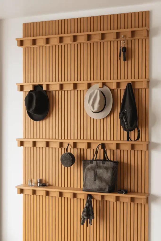 A tall vertical wooden panel in light oak with three horizontal rows of removable pegs at different heights. The pegs are spaced irregularly showing the flexible system. Various items hang including bags, hats, and keys. Mudroom or entryway setting with bright practical lighting. Organized yet adaptable aesthetic.