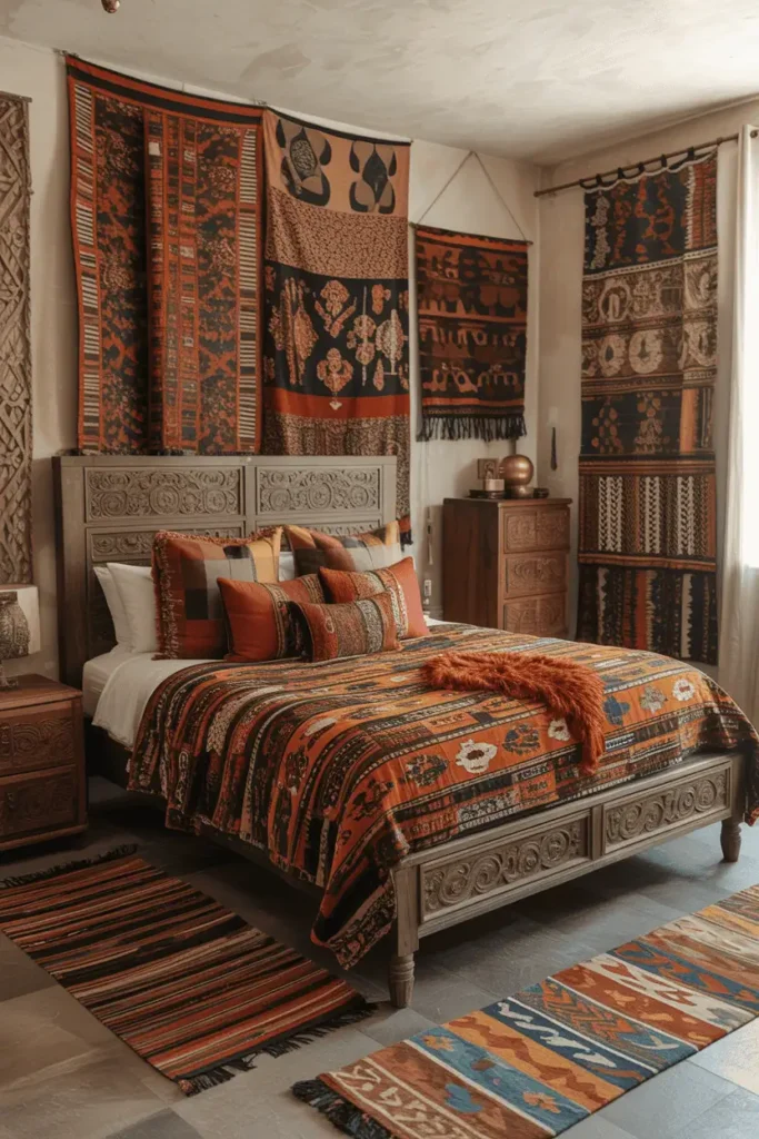 Maximalist Afrohemian bedroom with multiple layered African print patterns, heavily carved wooden bed and dresser, woven wall hangings, patterned rugs, colorful textiles. Color palette of earthy reds, oranges, blacks, creams, and browns. Abundant and joyful aesthetic, balanced composition, editorial interior photography showing rich layering and pattern mixing.