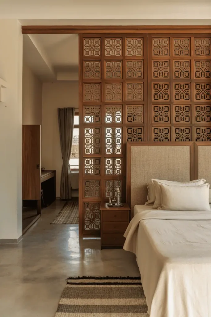Open-plan Indian bedroom with floor-to-ceiling walnut jali screen behind bed acting as room divider to dressing area. Carved geometric patterns filtering light. Bed with natural linen upholstered headboard. Polished concrete floor with layered rugs. Spatial depth, traditional architecture meeting modern design. Warm natural light through screen.