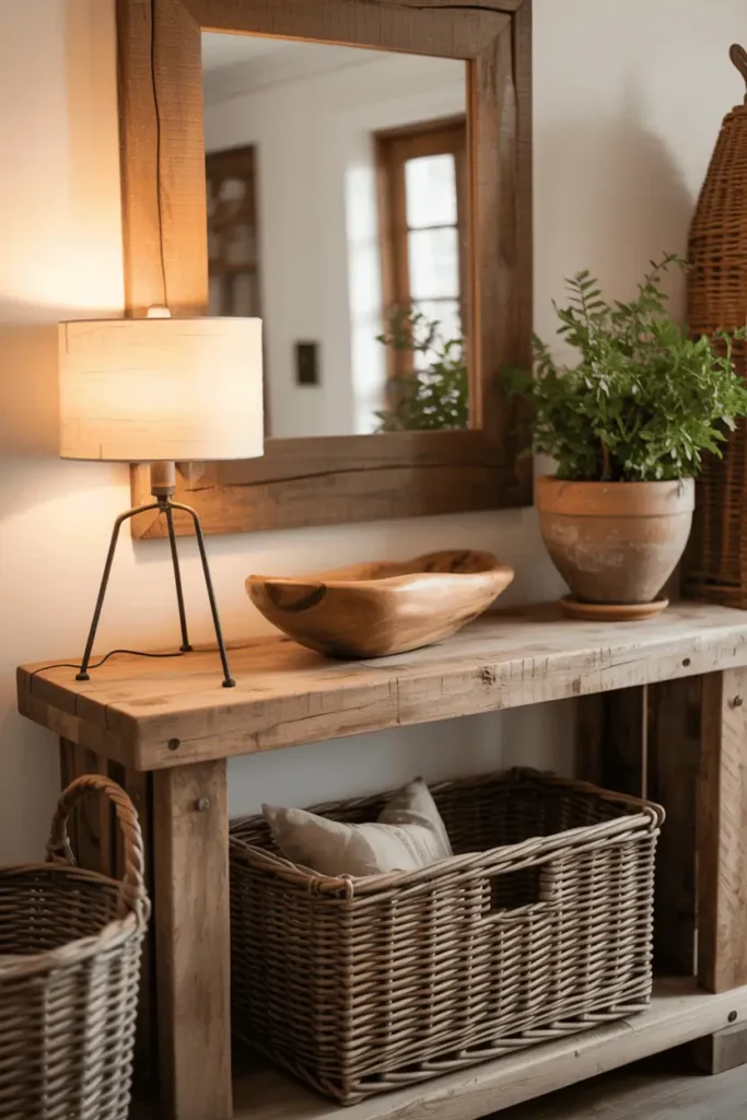 Rustic farmhouse entryway with reclaimed wood console table styled with natural elements, chunky wooden bowl, terracotta pot with green plant, woven basket underneath, simple iron-based lamp. Wood-framed mirror with visible grain above. Earth tones throughout. Interior photography, warm ambient lighting, cozy rustic aesthetic, natural material focus.