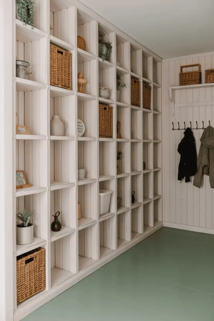 Short wide hallway with entire wall of built-in cubby storage in whitewashed pine. Grid of square openings holding woven baskets, pottery, small plants. Opposite wall has coat hooks. Painted sage green wood floor. Family-friendly functional design. Natural daylight, organized aesthetic, interior photography style.