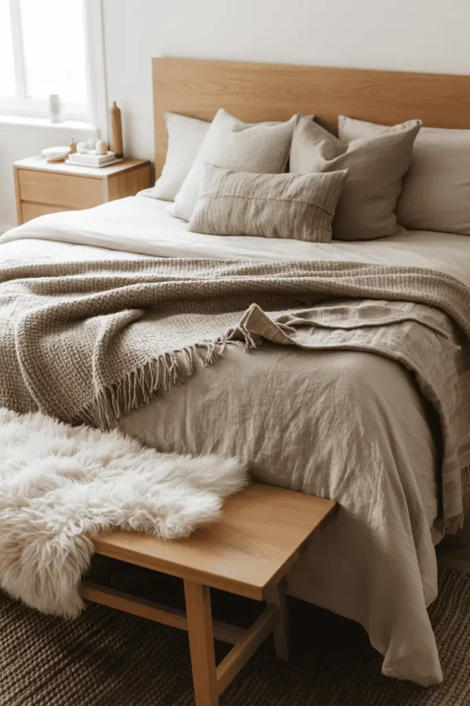 Warm cozy Scandinavian bedroom layering multiple light wood tones: light oak bed, birch nightstand, slightly darker ash bench at foot of bed. Heavily layered textiles with linen sheets, wool blanket, chunky knit throw, sheepskin on bench, multiple cream taupe and gray pillows. White walls, natural window light, hygge atmosphere, lived-in and inviting feeling. Editorial interior photography emphasizing textile textures and wood grain variations.