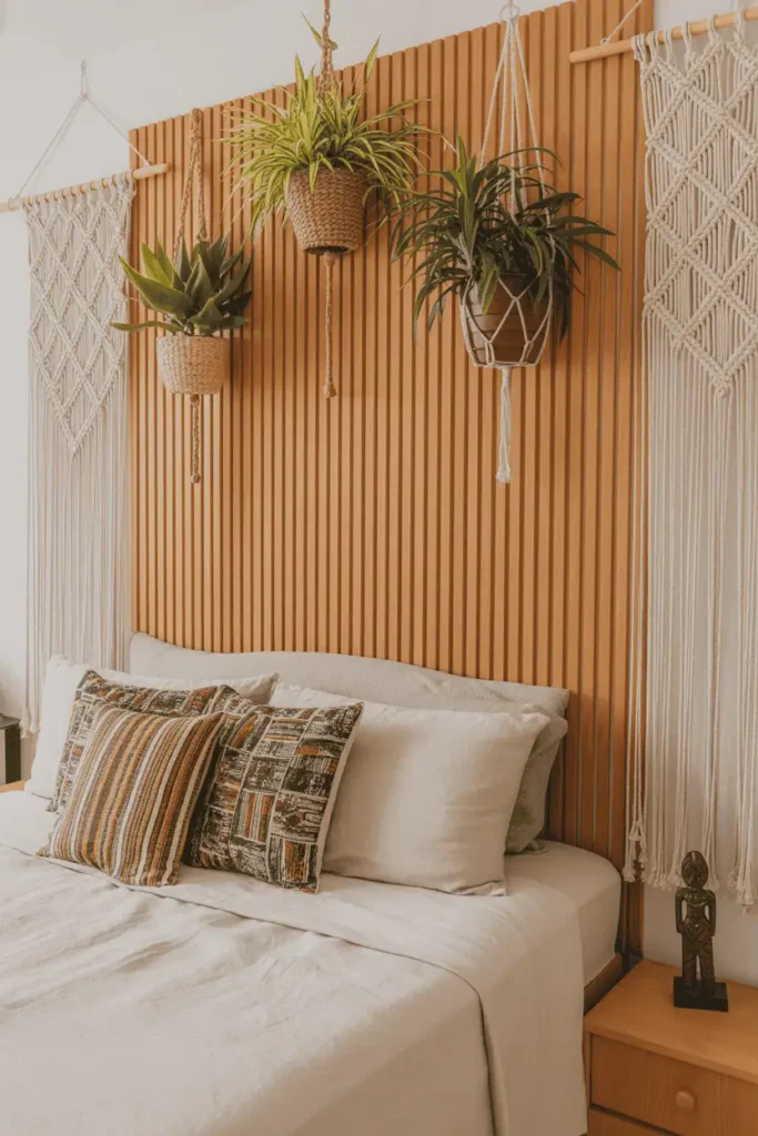 Bedroom with vertical wooden slat headboard in warm honey tone, macramé wall hangings flanking bed, hanging plants in woven planters at varying heights. White linen bedding, African print throw pillows, small carved wooden sculpture on nightstand. Light and airy bohemian aesthetic, natural light, editorial interior photography style.