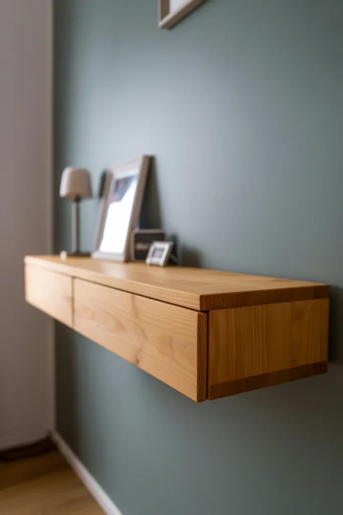 Compact entryway with wall-mounted floating console in natural pine wood 6-8 inches deep, one narrow drawer, small table lamp and single framed photo on top. Soft gray wall behind providing subtle contrast with pine. No floor furniture, clean and minimal. Interior photography showing floating effect, warm natural wood tone, modern functional design.