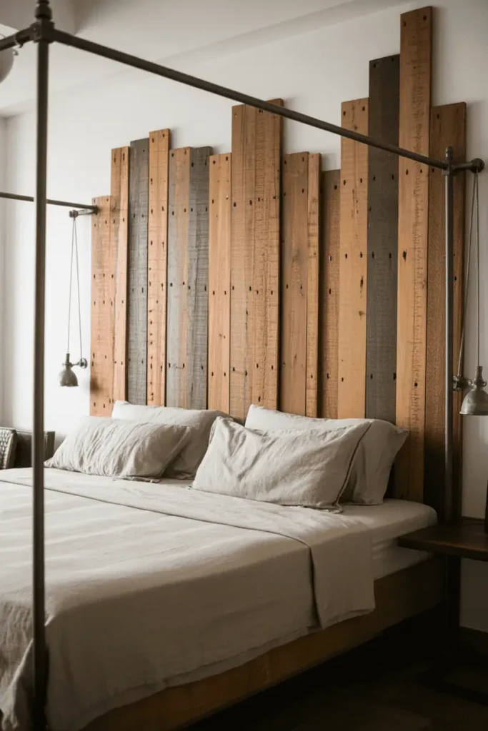 Contemporary Indian bedroom with headboard made from reclaimed teak planks in varied widths, visible nail holes and natural patina. Arranged vertically with minimal black metal brackets. Low metal bed frame, neutral linen bedding. White walls, industrial pendant lights. Urban loft aesthetic, rustic meets modern. Natural light, editorial photography style.