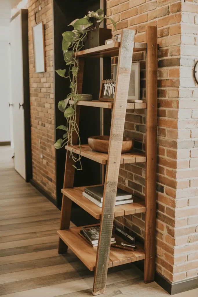 Hallway with exposed brick walls, reclaimed wood ladder shelf leaning against brick. Five tiers with natural patina and visible age. Shelves hold keys in wooden bowl, books, trailing pothos plant. Worn wood plank floor. Industrial-rustic aesthetic, layered materials. Natural lighting, warm tones, editorial interior photography.