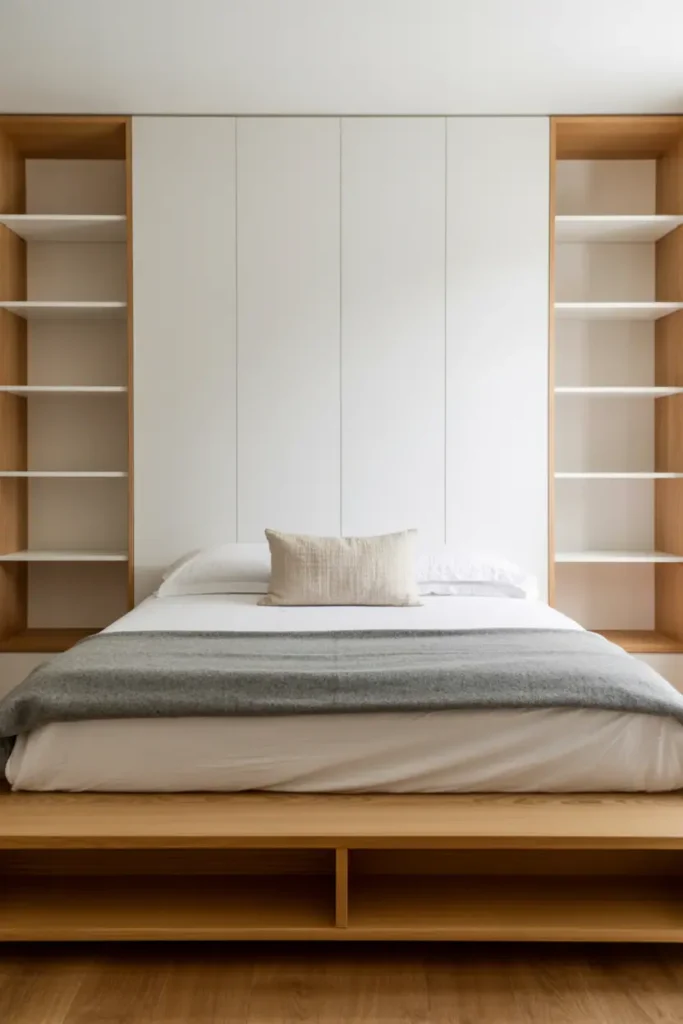 Ultra-clean modern Scandinavian bedroom with floating platform bed with hidden storage, built-in white shelving flanking bed that recedes into walls, light oak wood elements and floor. White sheets, gray wool blanket, one natural linen textured pillow. Extremely minimal, architectural focus, no furniture on floor except bed platform. Bright natural light, professional architecture photography style, functional minimalism.