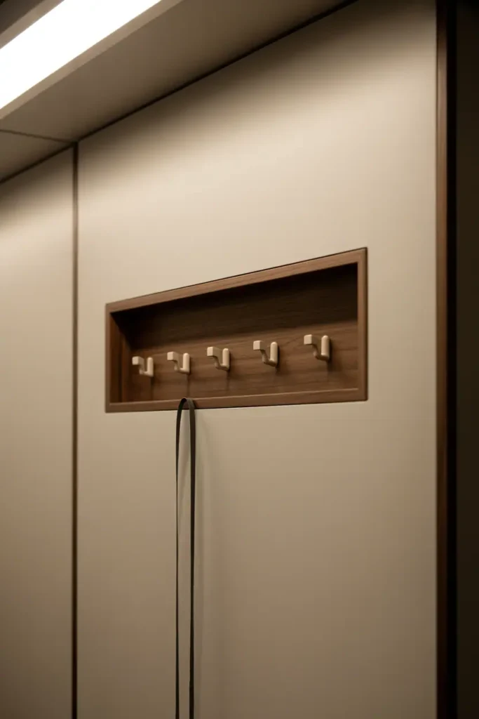 A flush-mounted recessed panel in a hallway wall with three minimal wooden pegs set into a shallow walnut frame. The panel sits cleanly integrated into the white wall surface. A single coat hangs on one peg. Architectural lighting from above, modern and sophisticated. Clean lines, subtle and intentional design.