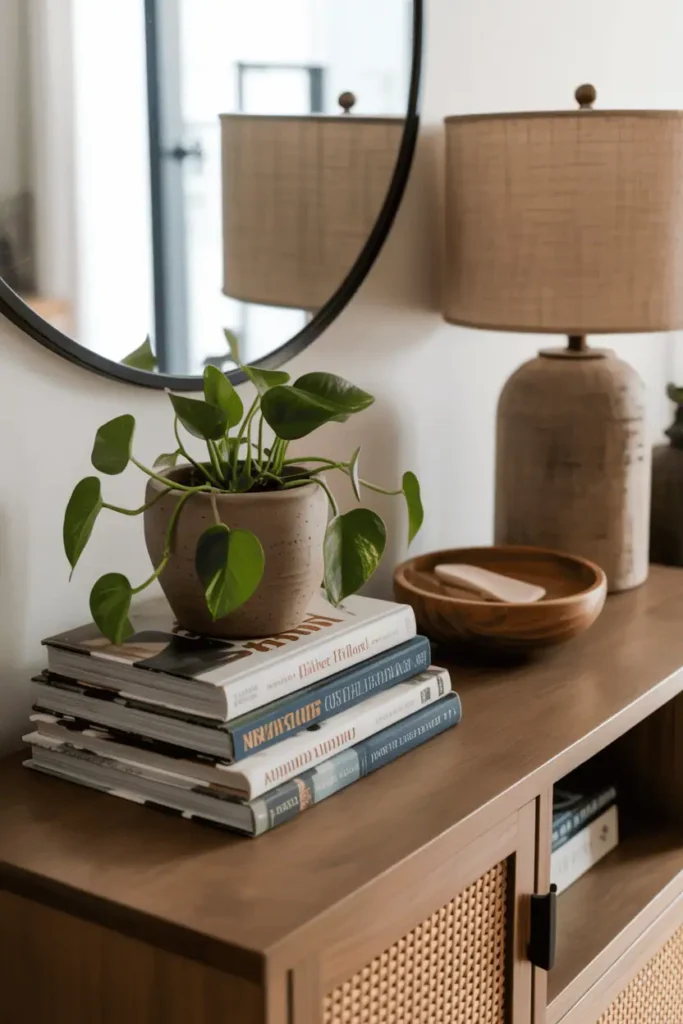 Casual welcoming entryway with medium-toned wood console styled asymmetrically, stack of 4-5 coffee table books, trailing pothos plant in ceramic pot, small wooden bowl, linen-shade table lamp. Round mirror leaning casually against wall above. Collected and lived-in feeling. Interior photography, warm natural lighting, approachable styling, organic arrangement.
