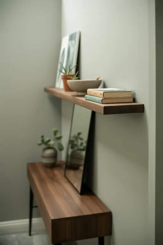 Narrow hallway with single floating walnut shelf mounted above slim walnut console table. Shelf holds ceramic bowl, small plant, three stacked books. Soft gray walls, mirror leaning on console. Minimal, intentional styling. Natural light, calm atmosphere. Interior design photography, shallow depth of field, clean composition.