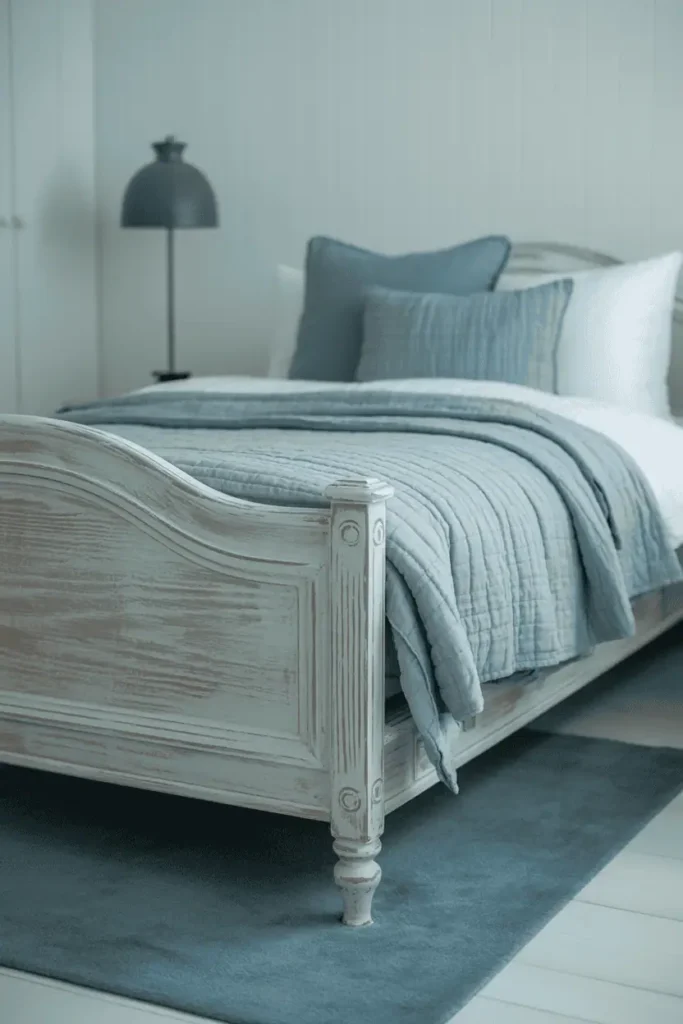 Scandinavian bedroom with whitewashed pine furniture showing grain through light finish, white walls, soft blue-gray textiles including pillows and lightweight quilt. Slate blue wool rug, single matte black iron lamp. Cool but inviting color palette, natural daylight, fog-like blue-gray tones. Professional interior photography, soft focus on textiles, airy and light feeling, Nordic aesthetic.