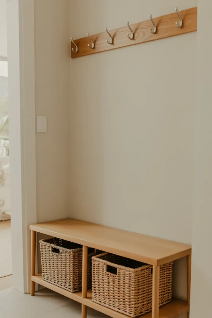Small entryway featuring slim bench in light oak wood no deeper than 12 inches against white wall, two flat woven natural fiber baskets underneath for storage. Simple coat hook rail in matching light oak above bench. Natural daylight, neutral palette, functional family entryway. Professional interior photography, bright and practical aesthetic, Scandinavian-inspired simplicity.