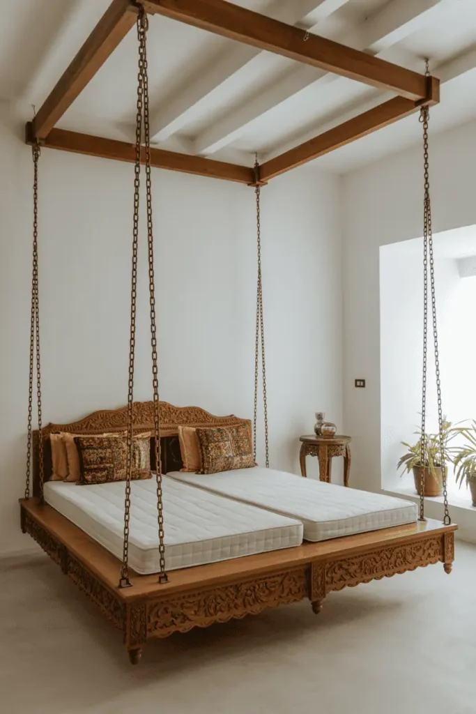 Unique Indian bedroom featuring jhoola-style carved wooden swing bed suspended by thick chains from ceiling beams. Low back and sides, cushioned with white cotton mattresses and colorful embroidered cushions. White walls, single carved side table, potted plants near window. High ceiling, playful yet traditional. Natural light, architectural interior photography.