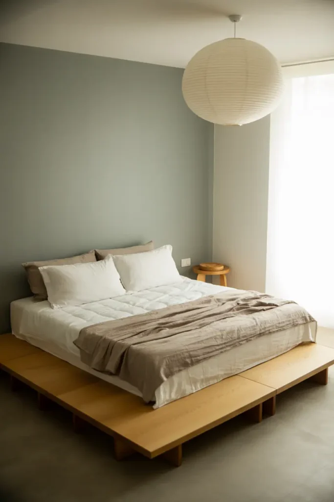 Japandi fusion bedroom with very low light oak platform bed inspired by Japanese tatami style, white cotton bedding with soft taupe linen blanket, one light gray accent wall. Paper lantern pendant light, small wooden stool as nightstand, mostly clear floor space. Natural window light, minimal and serene atmosphere. Interior photography showing East-meets-North aesthetic, calm and balanced composition, 35mm perspective.