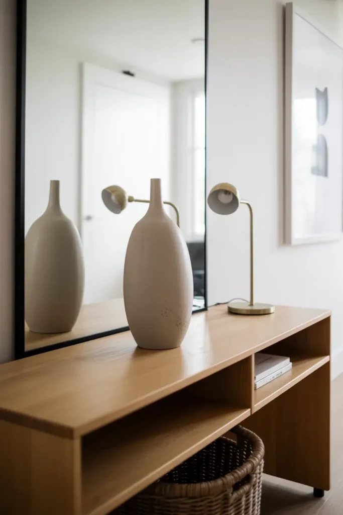 Modern minimal entryway featuring light oak console table with nearly bare surface, one tall sculptural ceramic vase 12-15 inches positioned off-center, sleek brass task lamp on opposite end. Woven basket underneath console. White walls, wood flooring, contemporary aesthetic. Professional interior photography, bright natural light, Scandinavian-inspired minimalism, clean composition.