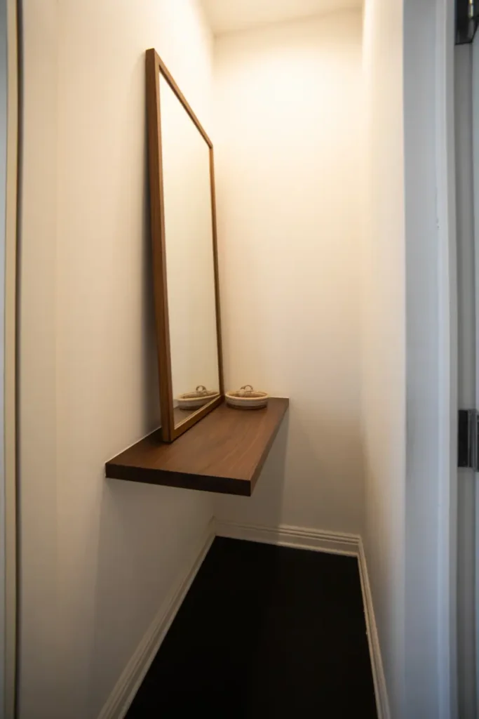 Narrow hallway entryway with floating dark walnut shelf 8 inches deep mounted at waist height, large rectangular mirror in simple wood frame extending nearly to ceiling above. Small ceramic tray on shelf, completely clear floor below. White walls, natural side lighting, vertical emphasis, minimal and sophisticated. Interior photography, realistic style, narrow space perspective showing height.