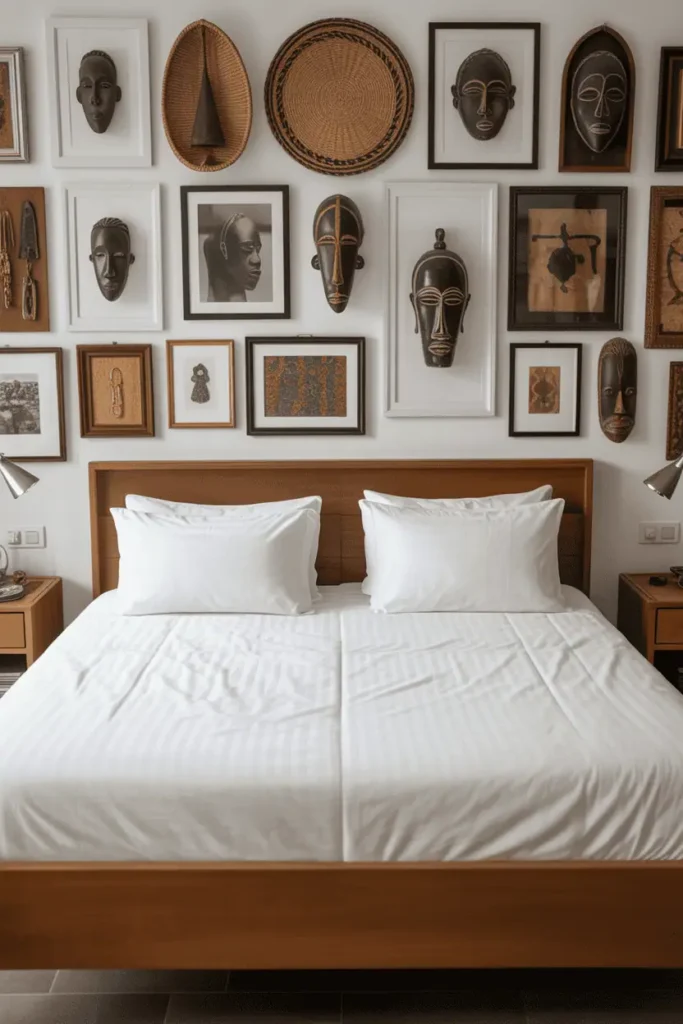 Simple mid-toned wooden bed with white bedding, entire wall behind filled with curated gallery of framed African masks, woven baskets as wall art, small textile pieces in shadow boxes. Directional lighting highlighting wall art, minimal nightstands, clean editorial interior photography focusing on art collection display.