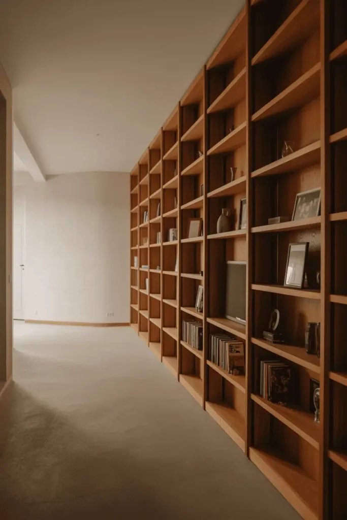 Wide residential hallway with full wall of built-in oak shelving from floor to ceiling, natural oil finish. Varied shelf depths - some deep with books, others shallow with framed photos and small objects. White plaster opposite wall, polished concrete floor, warm natural light. Spacious proportions, grounded aesthetic. Architectural interior photography, editorial style, professional lighting.